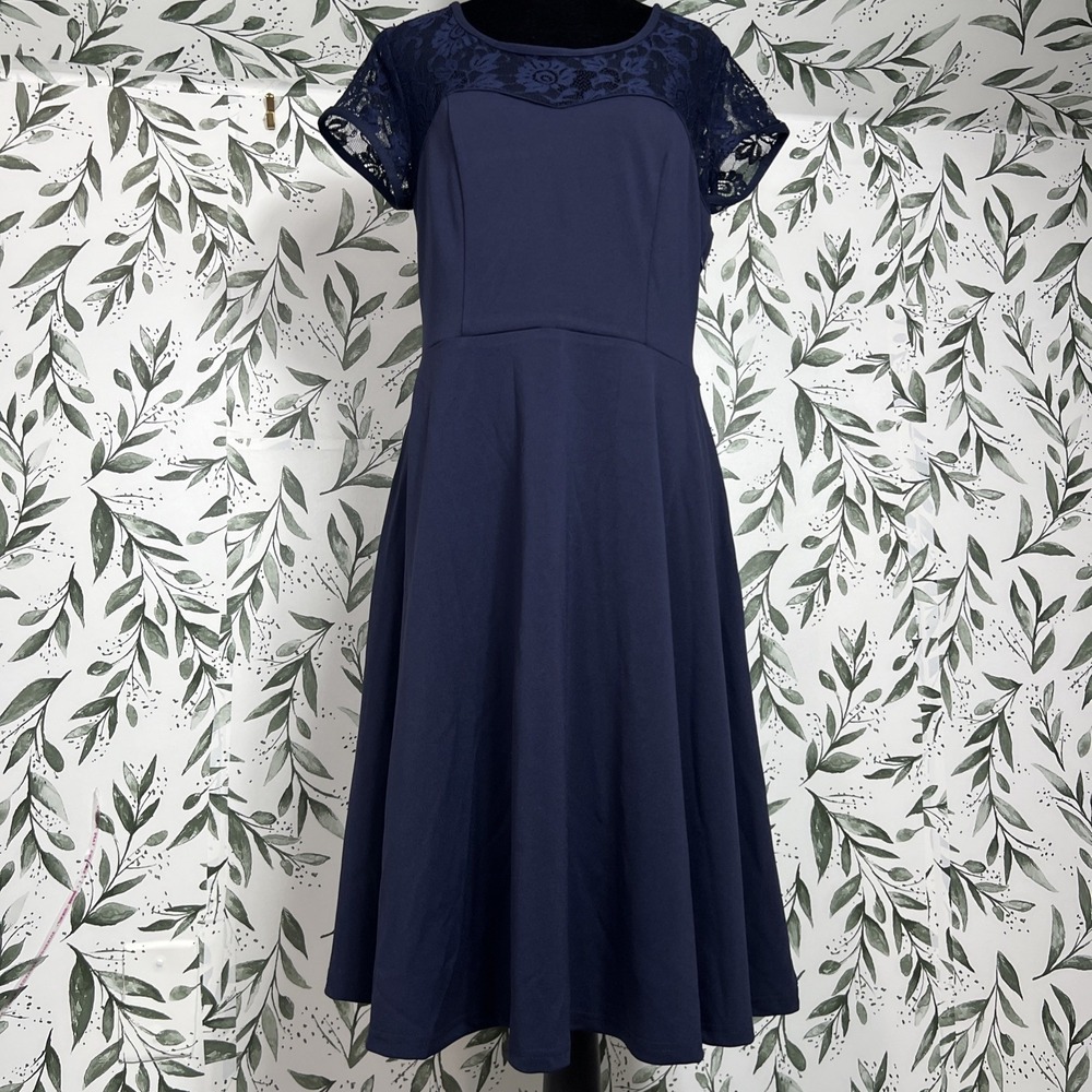 Vintage Retro Style Navy Blue Midi Dress Sz M New Classic Lace Elegant